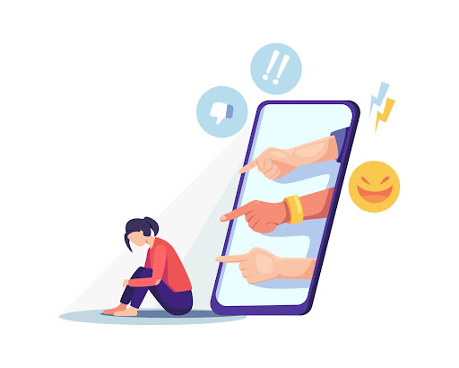 Girl being bullied online. Depressed woman sitting on the floor, Cyber bullying concept. Vector illustration in a flat style