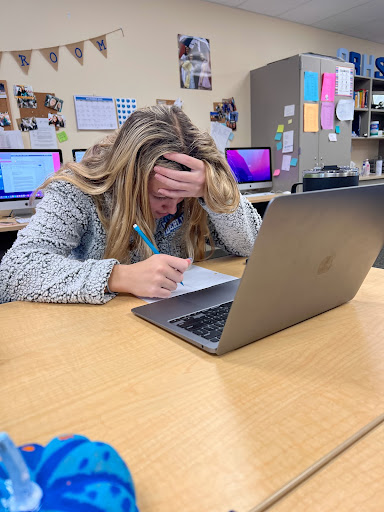 Jocelyn Franz displays exhaustion while she works in class. Jocelyn is both a full time student and is in the midst of basketball season and also plays softball. 
Photo Courtesy of Phoebe Durst 23