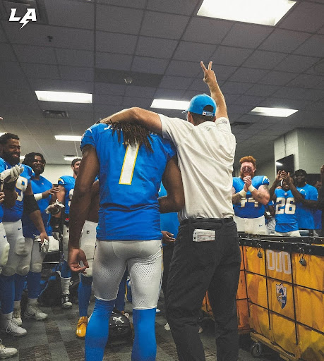 Harbaugh praises players after victory in the Carolinas. #1, wide receiver Quentin Johnson, ran for 51 yards and scored two touchdowns against the Panthers.
Photo credit: Los Angeles Chargers Instagram
