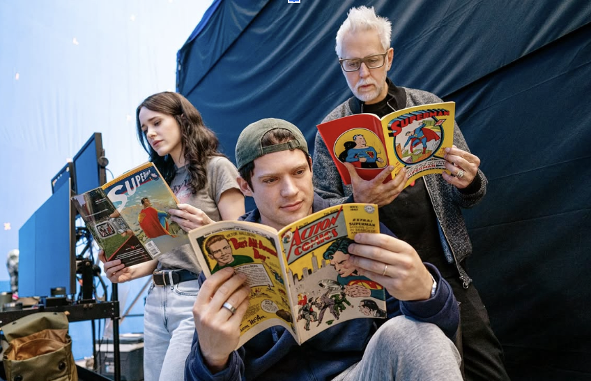 Actress Rachel Brosnahan (Lois Lane), Actor David Corenswet (Superman), and Director James Gunn indulging in Superman comics during filming for the new Superman film. April 18th 1938 was Superman’s first debut as the cast and crew celebrated Superman Day in honor of the up and coming film. 
