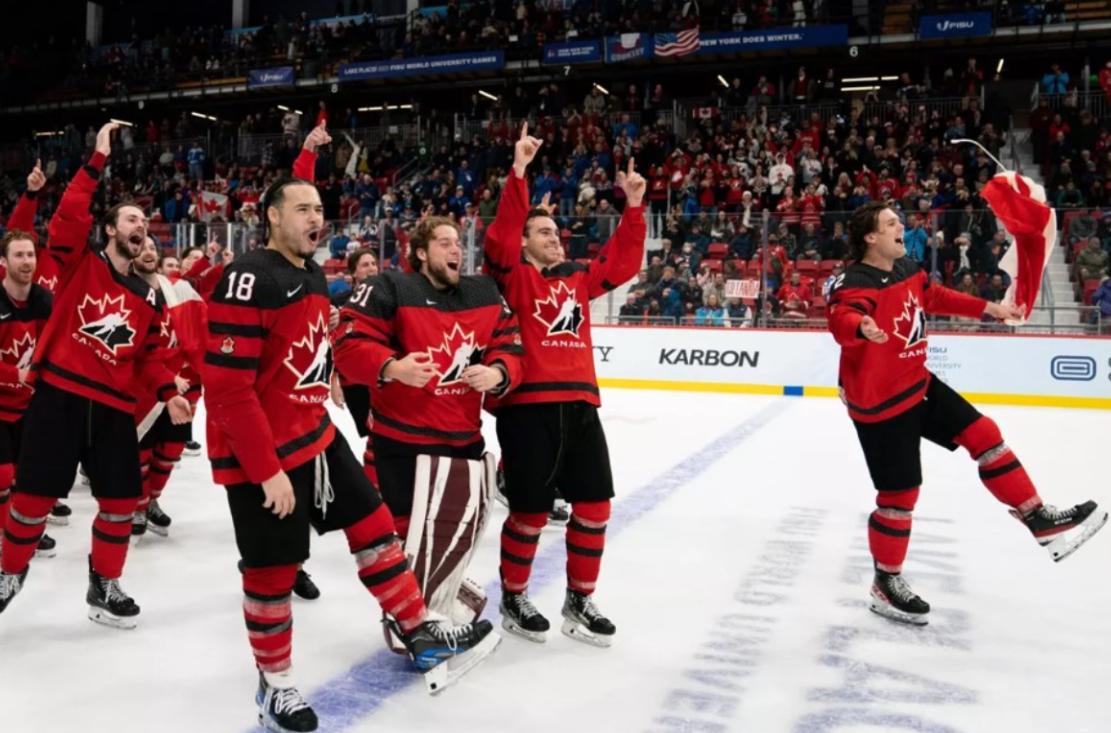 Team Canada celebrates a victory at the 2023 FISU World University Games on Jan. 22nd, 2026, at Herb Brooks Arena in Lake Placid, New York.
