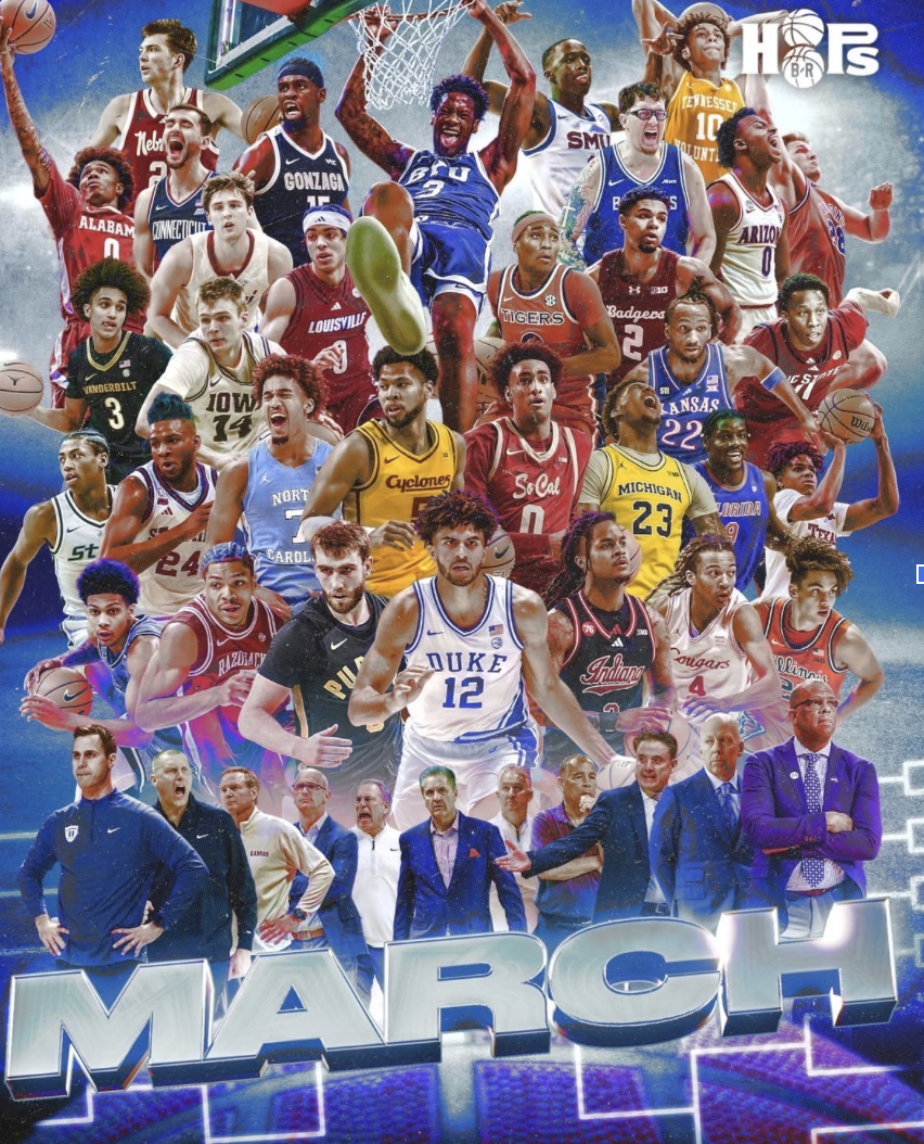 This photo shows players and coaches in contention for March Madness this season. Who will survive and advance in March?

