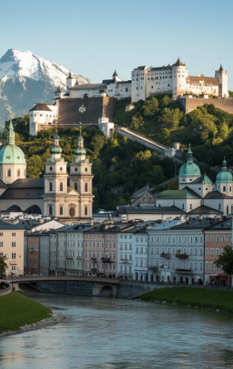 Hohensalzburg fortress sits on top of Festungsberg as it overlooks the Salzach river in Salzburg, Austria. Hohensalzburg is widely known as one of Europe's oldest and best-preserved medieval castles as it was built in 1077. 